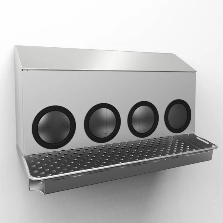 Small Wall Mount Glove Dispenser, 4 Round Openings, with catch tray – 20.0" W x 12.3" H x 8.9" D
