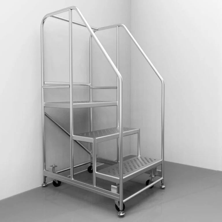 SS Rolling Ladder with spring loaded casters, Platform 15"D x 23"W x 30"H, Overall 36"D x 25"W x 60.4"H