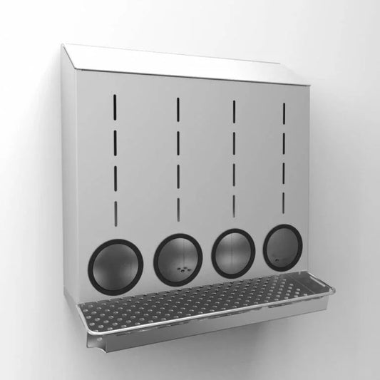 Glove/shoe cover/hairnet 4 compartment dispenser with catch tray – 20.0" W x 20.9" H x 8.9" D